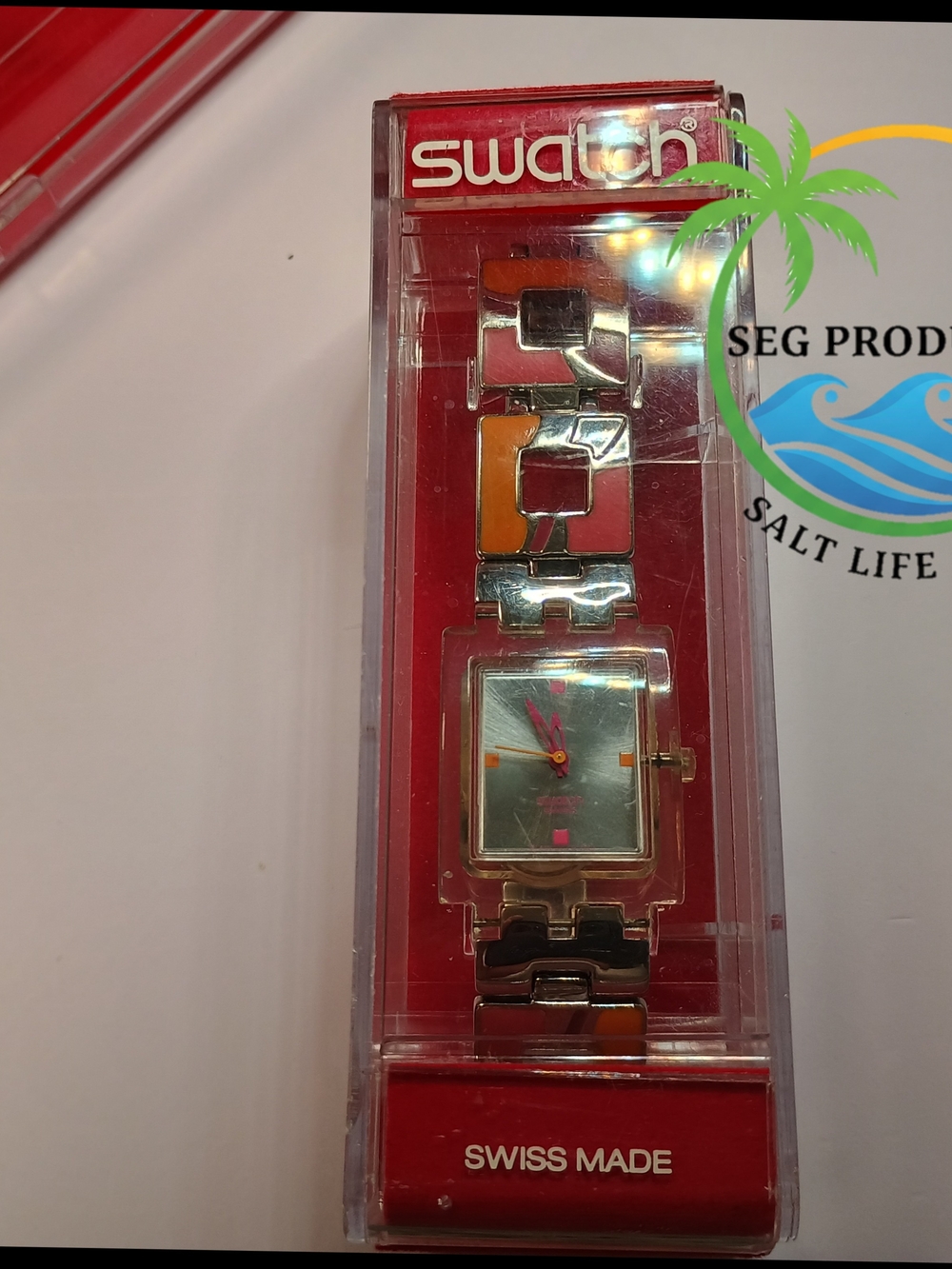 Swatch Colorblock Square Face Watch - Silver & Pink Accents